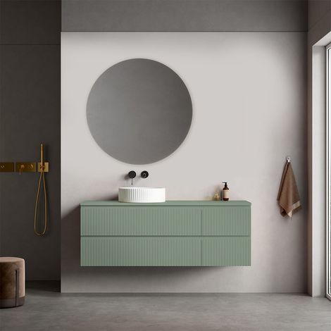 Mobile bagno sospeso cannettato reversibile 140 cm Verde Salvia per Lavabo d'appoggio Specchio Tondo - Fiji Paint Top Canneté (1/4)