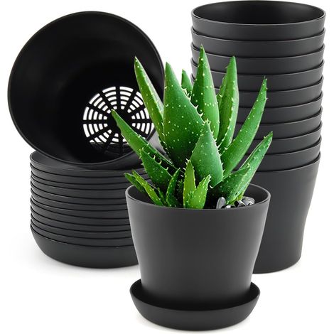 Juego de 12 macetas pequeñas redondas de 10 cm con platillos, mini macetas de plástico negro para jardín, ideales para plantas, suculentas y viveros. (1/5)