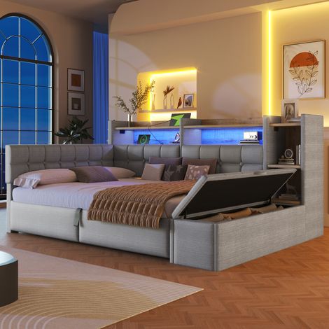 Lit banquette coffre 140x200 cm-hydraulique-LED multicolore-USB Type C Lit double-étagère-banc coffre-Sans matelas-Velours MDF Gris (1/5)