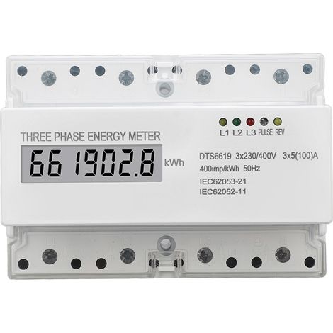 Compteur d'énergie triphasé 230V 400V 5-100A moniteur de consommation électrique LCD montage sur rail DIN (1/5)