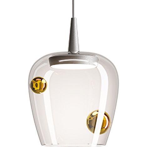 Zafferano Lampada a Sospensione Bilia Ø18 cm in Alluminio e Vetro Soffiato, finitura Oro Antico, LED integrato 8W, luce calda 2700K, design elegante