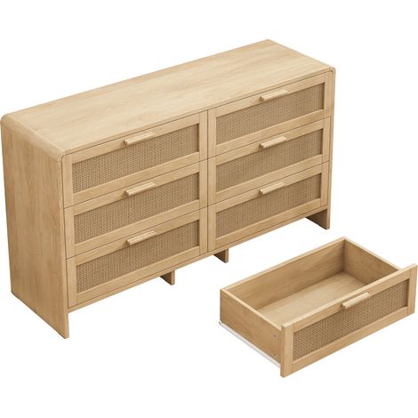 Buffet d'angle en rotin naturel avec 6 tiroirs, design incurvé, pour salon, chambre et cuisine (1/5)