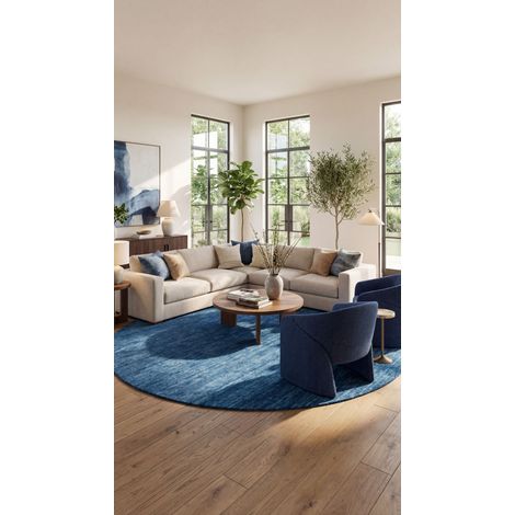 Tapis Gabbeh tissé Tapis Uni - Tapis en laine  - 200x200cm, Round - 100% Laine vierge - Tissé main - Bleu