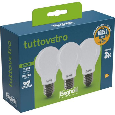BEGHELLI LED GOCCIA E27  8W 58050 CALDA 3000K 3 PZ Q.TA 10