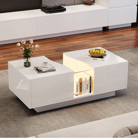 Table basse LED 100 x 50 x 35 cm avec 2 tiroirs, MDF et acrylique, blanc brillant DESVIAE (1/5)
