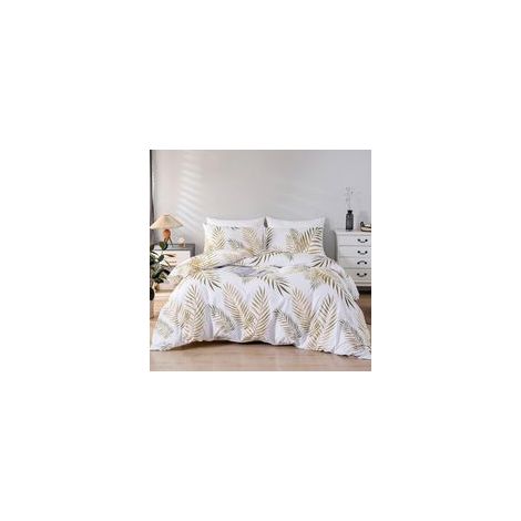 Aougo – Housse de couette 220x240 cm – 2 taies d'oreiller 50x75 cm – 100% microfibre – Motif feuilles tropicales dorées – Fermeture éclair en métal (1/5)