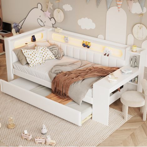 Cama 90x200 cm blanca de MDF y contrachapado, tapizada, con LED, USB, cama nido y escritorio