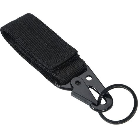 Mousqueton noir multifonction pour équipement d'escalade et camping, boucle en sangle nylon résistante pour accrochage extérieur et porte-clés. (1/5)