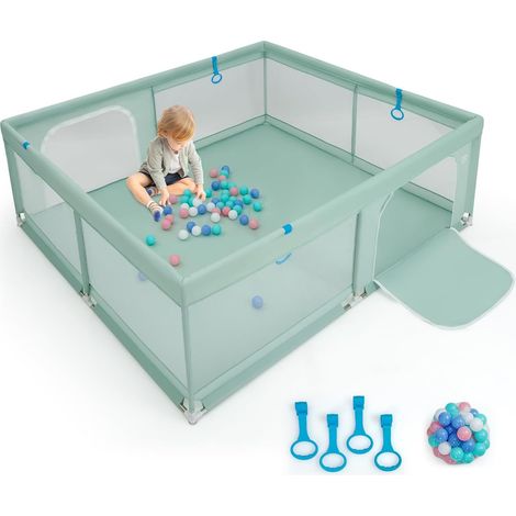 COSTWAY Parque Infantil Bebe 200 x 180 x 68 cm, Corralito Bebe con 50 Bolas, 4 Anillos, Malla Transpirable Suave, Asas, Valla para Bebés con Puerta, Base Antideslizante (Verde)