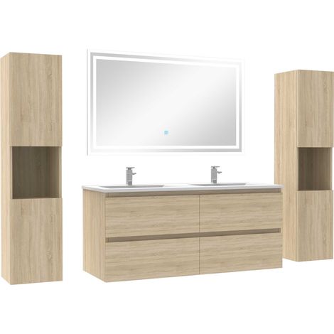 Ensemble meubles Salle de Bain 120cm avec colonne + miroir lumineux Chêne Wotan