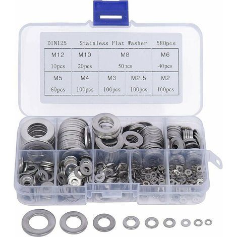 Rondelles métalliques (580 pièces) en boîte plastique - 9 tailles différentes de rondelles en acier inoxydable : m2, m2.5, m3, m4, m5, m6, m8, m10 et m12 - rondelles plates assorties (1/4)