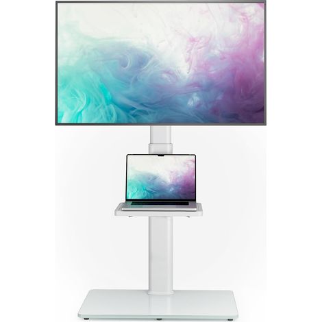 Support TV Universel au Sol avec Support pivotant à 70 degrés, Hauteur réglable à 9 Niveaux et Design Peu encombrant pour la Plupart des téléviseurs LCD LED OLED de 27 à 65 Pouces, Blanc