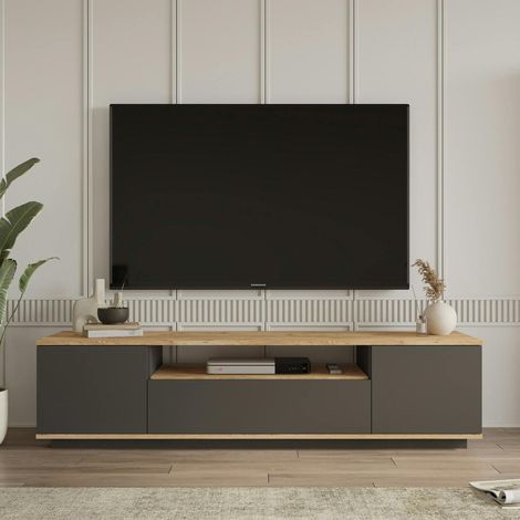 Meuble TV moderne gris et décor bois 1 niche centrale MARFA