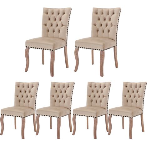 6 chaises velours camel clair - Rembourrées cloutées, heurtoir dos unique, pieds bois massif, salon/cuisine (1/5)
