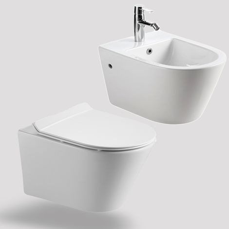 HOROW Paar Randlos Aufgehängte Sanitärarmaturen Hänge Spülrandloses WC + Wand Bidet SoftClose Sitz