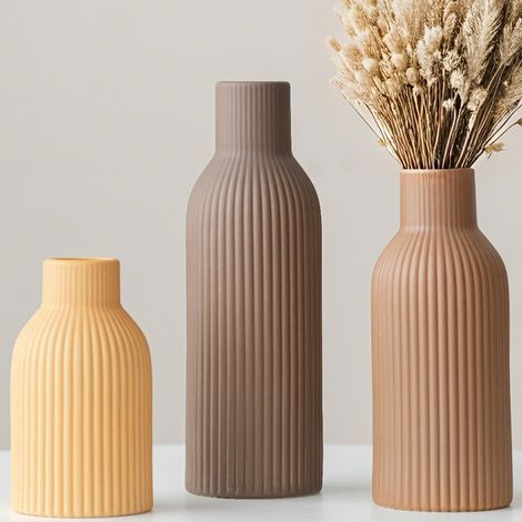 Lot de 3 vases modernes en céramique nervurés - Couleurs pastel - Vases décoratifs pour salon (mélange orange) (1/5)