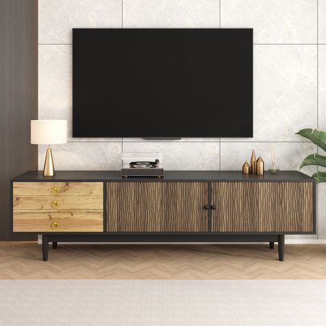 Meuble TV Lowboard Noir et Bois-3 Tiroirs-Portes Ondulées Style Vague-Finition Résistante (1/5)