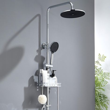 Colonne de douche sans mitigeur en laiton chromé mat, système autonettoyant avec tête de douche ronde de 10", douchette ronde 3 fonctions et flexible inox, pour baignoire et salle de bain (1/5)