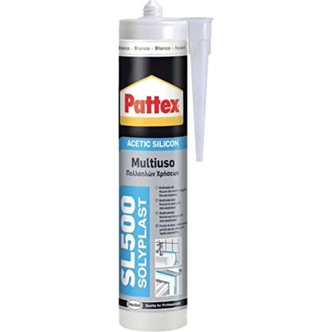 Pattex Sigillante Silicone Acetico Multiuso SL 500, Antimuffa, per Sanitari, Docce, Cucine, Bagni, Piastrelle in Ceramiche, Serramenti, Installazioni Idrauliche, Sigillante Bianco, Cartuccia da 300 ml