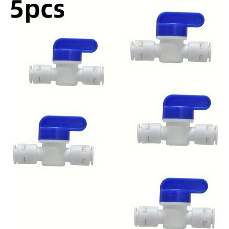Lot de 5 vannes d'arrêt à bille en ligne à raccord rapide en plastique, pour tuyaux, flexibles et conduites de 1/4 pouce de diamètre extérieur, destinées aux systèmes de purification d'eau RODI (1/5)