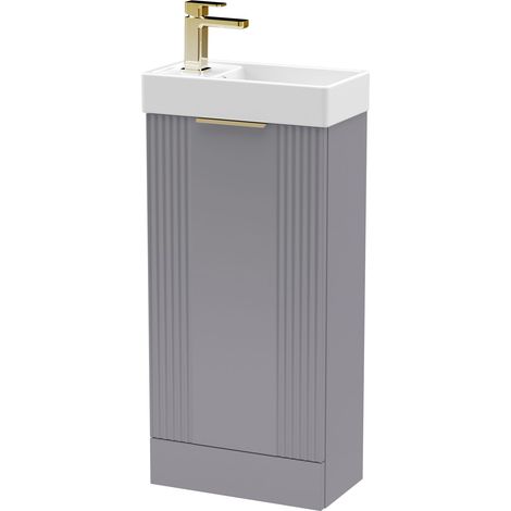 Grey 400mm Floor Standing Cloakroom Vanity Basin Unit with Brushed Brass Handle Compact Bathroom Storage (1/4)