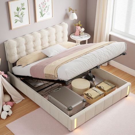 Lit Double 160 x 200 cm, Lit Coffre avec LED et Système Hydraulique, Tête de Lit Moderne Capitonnée, Sommier à Lattes en Bois, Velours, Beige (1/5)