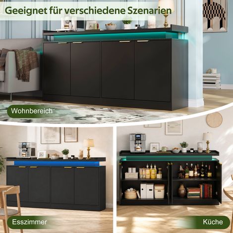 Meuble de cuisine avec éclairage LED, buffet à 4 portes offrant un grand espace de rangement pour la salle à manger et le salon, 160 × 39 × 83 cm (1/5)