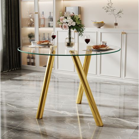 Mesa de comedor redonda de 89 cm en vidrio templado con patas de metal dorado REDOM (1/5)