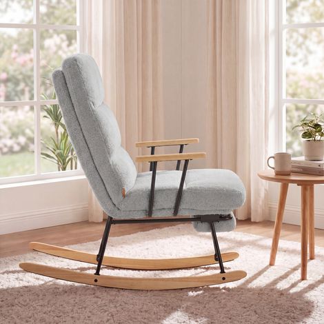 Fauteuil à Bascule, Dossier Inclinable 4 Positions, pour Salon, Chambre, Bois, Gris (1/5)