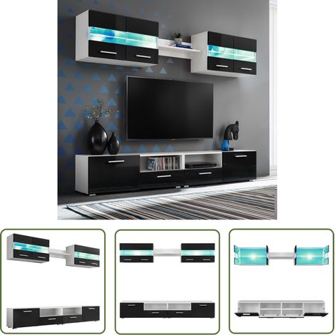 The Living Store TV-Wohnwand-Set 5-tlg. LED-Leuchten Hochglanz-Schwarz - TV-Wandboard - Fernsehschrank - Wohnzimmermöbel - Regal - Holzmöbel (1/5)