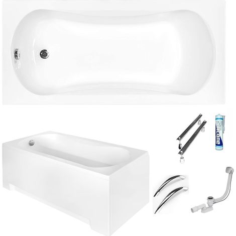 ECOLAM Baignoire rectangle Aria 160x70 cm  tablier en acrylique  2x poignées  pieds siphon + silicone  Baignoire en acrylique blanc  set complet (1/5)