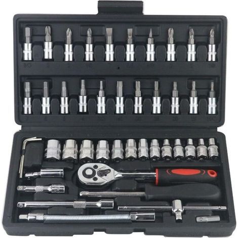 Coffret de 46 douilles 1/4 pouce, jeu de clés à cliquet avec douilles métriques et rallonge pour la réparation automobile et le ménage (noir) (1/4)