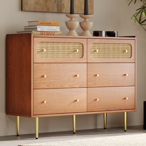 DESMIU Commode 6 tiroirs avec façades en rotin et poignées métal, pour chambre, bois, noyer, 90 × 120 × 40 cm (1/5)