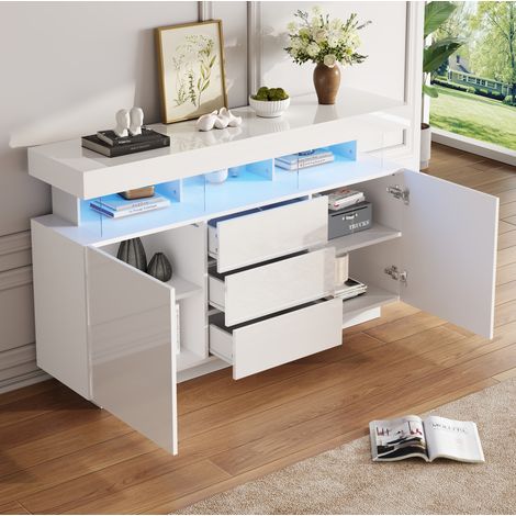 Credenza 140/35/80 cm bianca lucida con LED, 3 cassetti e ante scorrevoli (1/5)