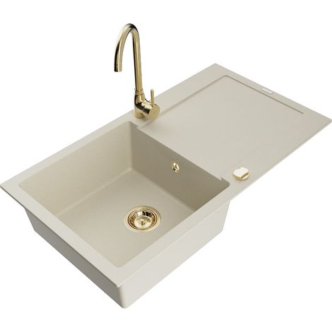 Mexen Leo lavello da cucina in granito a 1 vasca con sgocciolatoio e miscelatore Telma, beige - 6501-69-670200-50 (1/5)