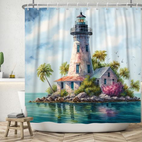 Art Moderne Aquarelle Bleu Océan Petite île Phare Palmiers Oiseau Lavables Rideau de Bain imperméable pour Baignoire avec 12 Crochets (1/5)