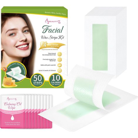 Bandes de Cire Froide Visage Peaux Normal - 50 Bandes de Cire, 10 Lingettes Apaisantes (1/5)