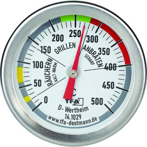 TFA Dostmann Termometro analogico per BBQ, 14.1029, per misurare la temperatura della camera di cottura, per grill/, in acciaio inox, per forno a legna, termometro per carne, termometro da cucina (1/4)