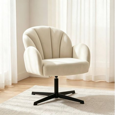 Sillón giratorio 64,5x68x80 cm de terciopelo beige, diseño concha moderno FLORAGRACE (1/5)