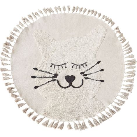 Tappeto in cotone rotondo ø 120 cm per bambini con motivo decorativo a gatto con nappe Beige Etseri