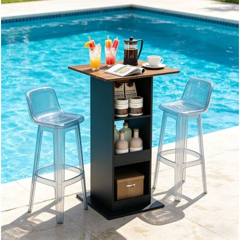 Table haute carrée 2 en 1 style bar avec espaces de rangement, plateau 60x60 cm, hauteur 109 cm, noir et brun rustique (1/5)