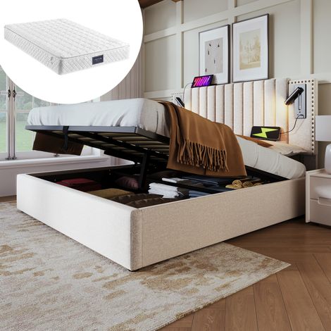 Lit double rembourré 140x200 cm vintage beige en coton avec matelas, coffre, tête de lit réglable, liseuse et USB (1/5)