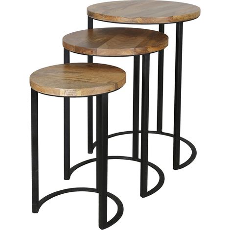 Ravi Iron Base Solid Wood Top Round Stool (Set of 3) - L43 x W43 x H65 cm - Mango Light Finish