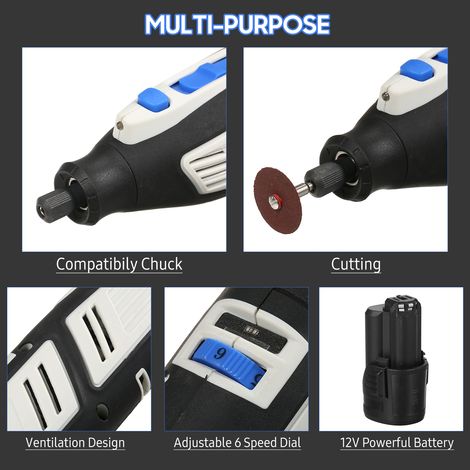 Kit di utensili rotanti a batteria da 12 V, 6 velocità variabili, potente incisore, levigatrice, lucidatrice, 200 accessori facili da cambiare, ideale per lavori artigianali, BMC e fai da te. (1/5)