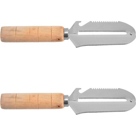 2 Pièces Éplucheur Multifonction Double Usage avec Manche Bois Éplucheur Légumes et Ouvre-Bouteille Outil de Pelage et Grattage pour Fruits et Légumes (1/5)