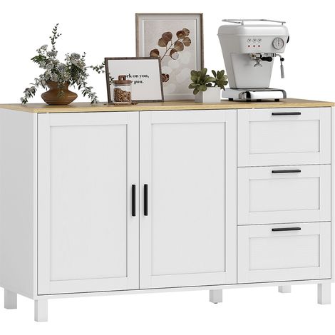 HOMCOM aparador 2 puertas, aparador para salón moderno, con 3 cajones, estante ajustable, patas de madera, para comedor, entrada, 120x38x76 cm, blanco (1/5)