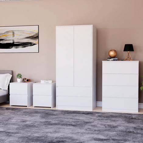 4 Piece Denver Bedroom Set, 2 Drawer Large Bedside Chest x2, 4 Drawer Chest, 2 Door 2 Drawer Wardrobe, White (1/2)