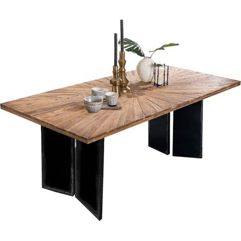 Table de Salle à Manger en Teck et Métal Style Industriel Motif Soleil 180x100 cm - PANGIVO (1/4)