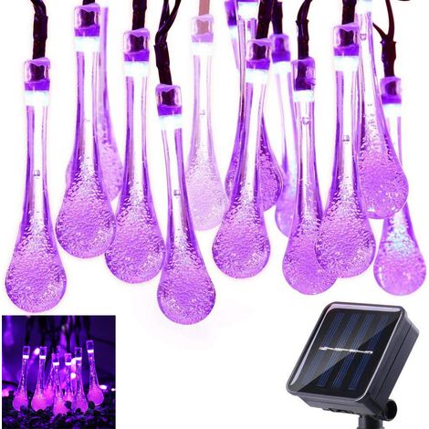 Guirlande lumineuse solaire, 5,8 m (19,2 pi), 8 modes d'éclairage, 30 DEL en forme de goutte d'eau, pour jardin, clôture, patio, fête et vacances (violet) (1/5)