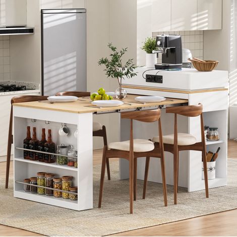 Table extensible MDF blanc et verre avec plateau décor bois, 83/146,5x46x96 cm, rangement et prises intégrées (1/5)